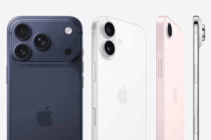 Three Apple iPhones in blue, white, and pink with front and side views.