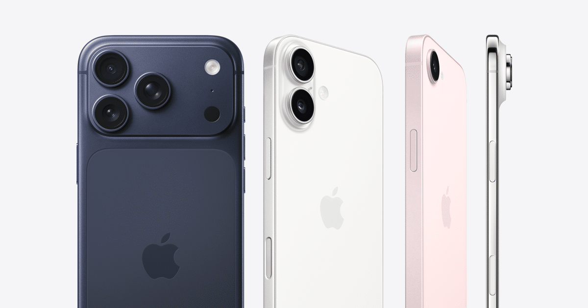 Three Apple iPhones in blue, white, and pink with front and side views.