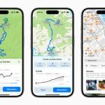 Apple Maps displayed on three iPhones with hiking routes and restaurant search.