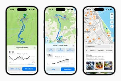 Apple Maps displayed on three iPhones with hiking routes and restaurant search.