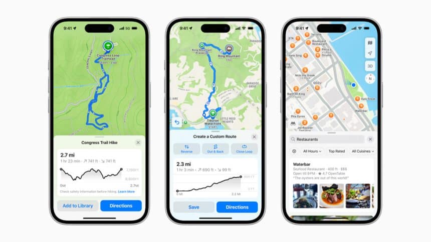 Apple Maps displayed on three iPhones with hiking routes and restaurant search.