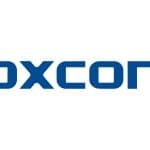 Foxconn logo in blue on a white background.