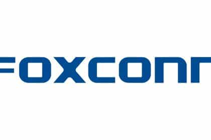 Foxconn logo in blue on a white background.