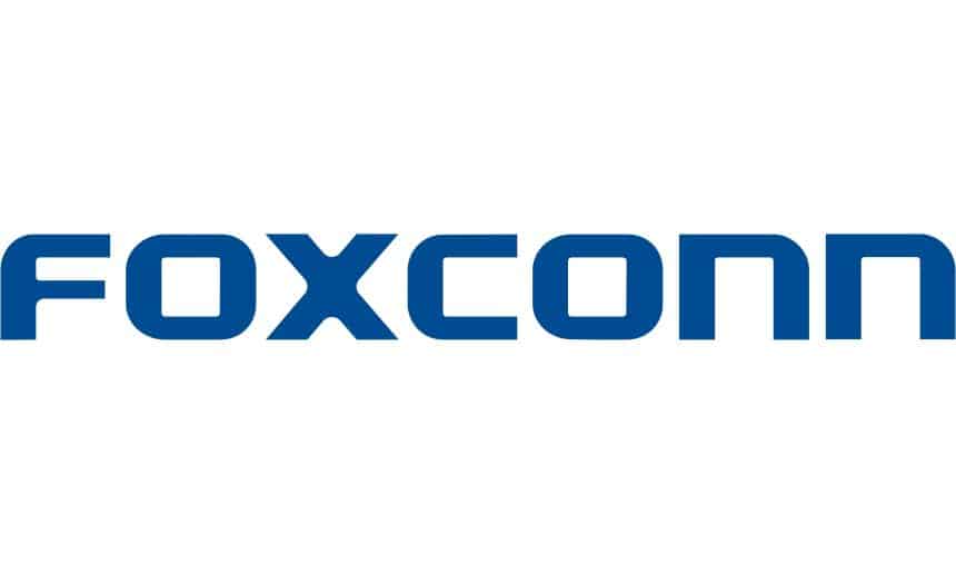 Foxconn logo in blue on a white background.