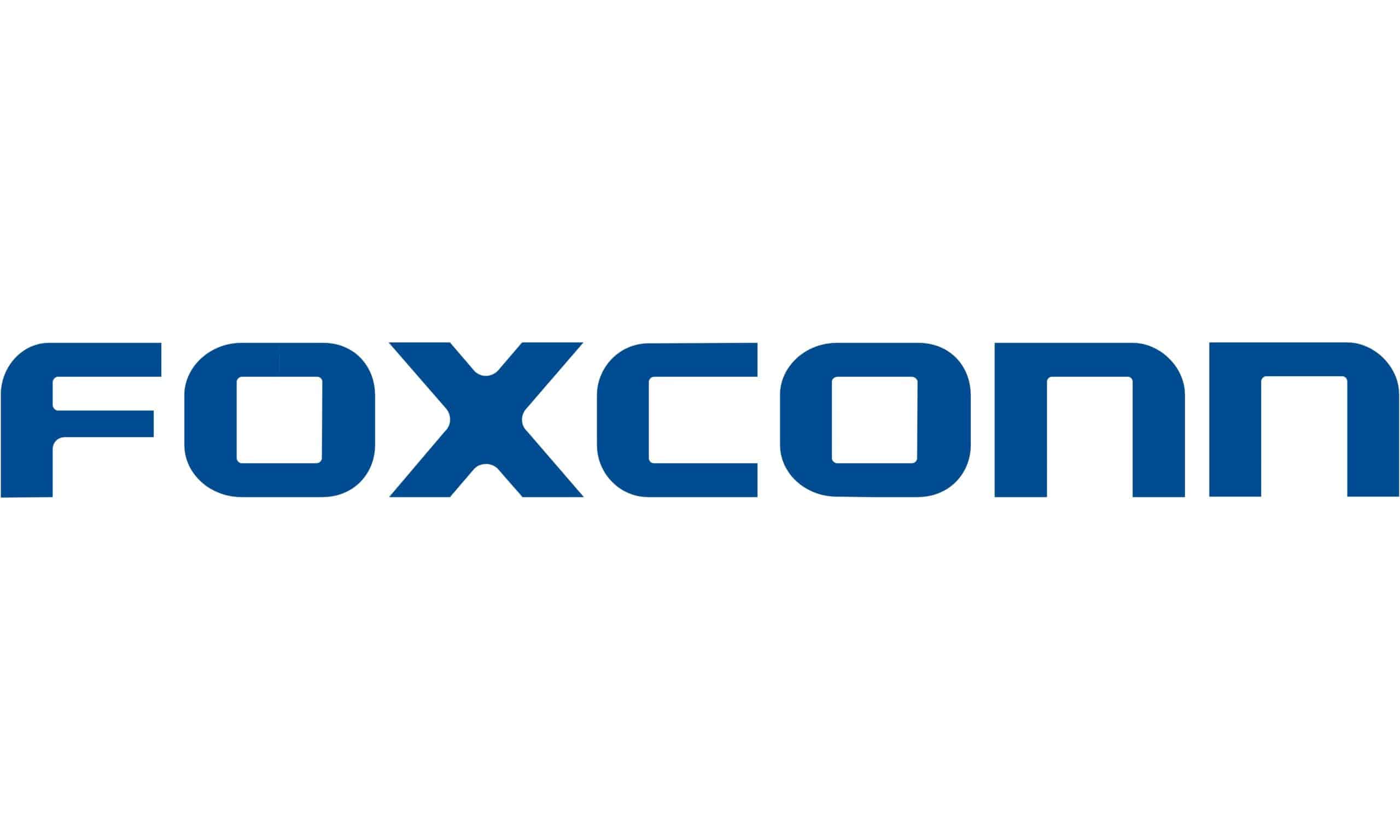 Foxconn logo in blue on a white background.