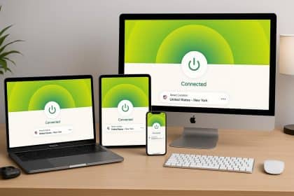 ExpressVPN dashboard displayed on MacBook, iPad, and iPhone within an Apple ecosystem setup