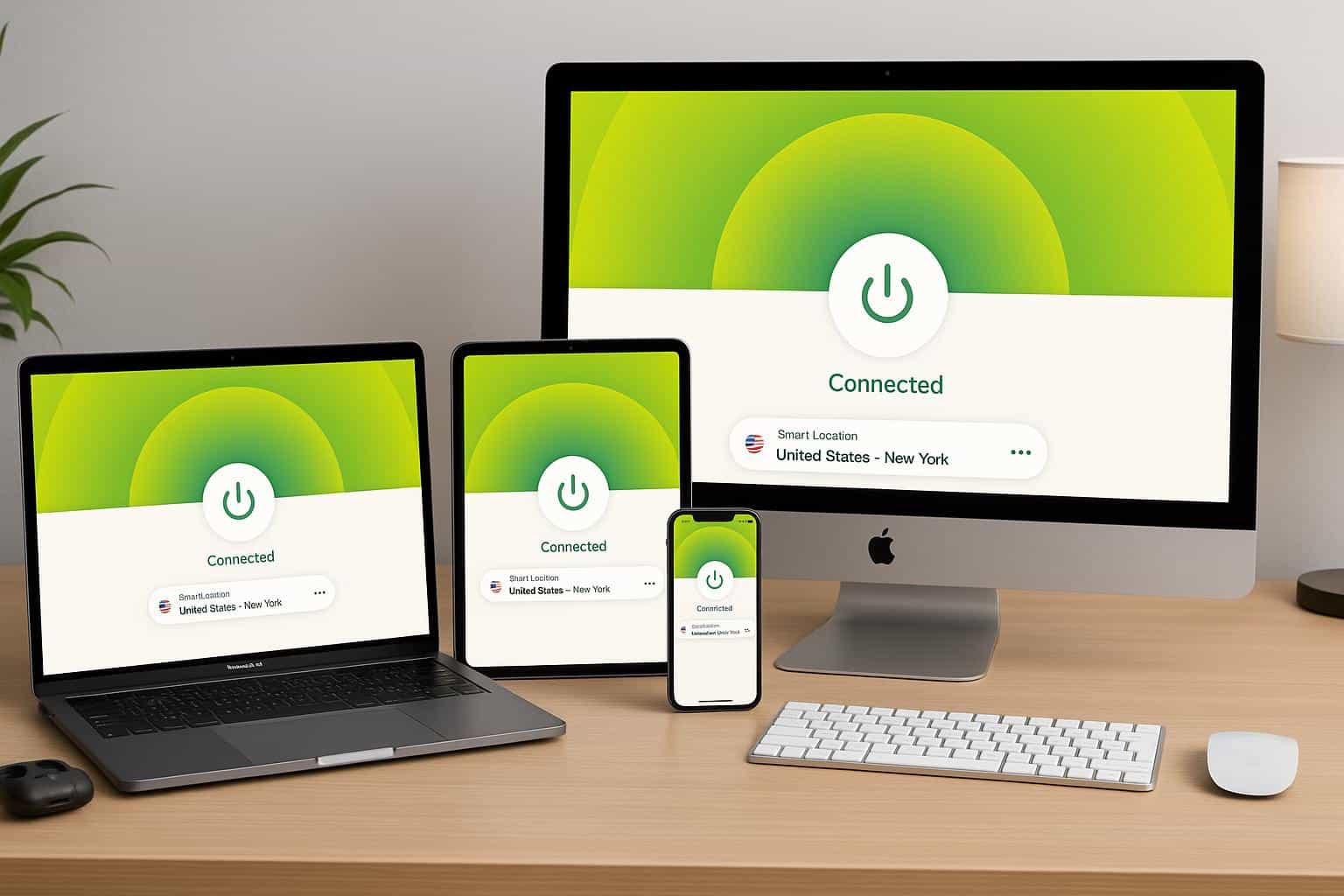 ExpressVPN dashboard displayed on MacBook, iPad, and iPhone within an Apple ecosystem setup