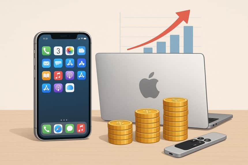 Apple devices, apps, and subscription services highlighting user spending trends