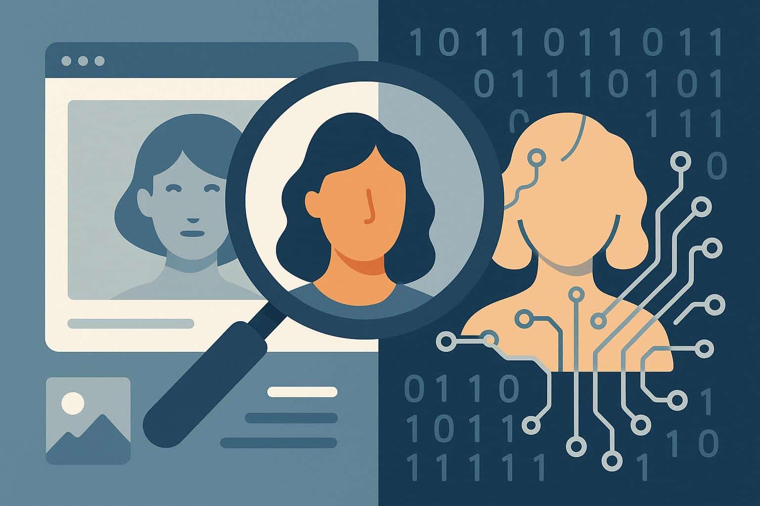Magnifying glass analyzing digital artwork to identify AI-generated media elements
