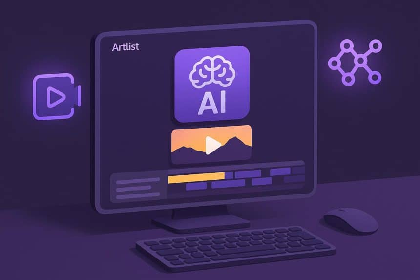 AI-powered video editing interface showcasing Artlist&rsquo;s video generator features for creators