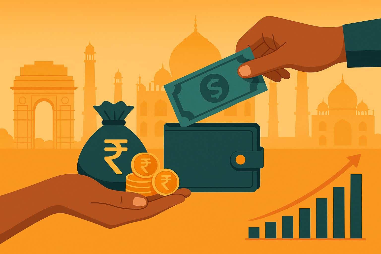 Family managing finances and providing cross-border support with Indian currency and digital tools