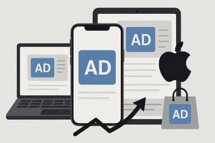 Apple logo with digital marketing icons representing the growth of Apple’s advertising platform