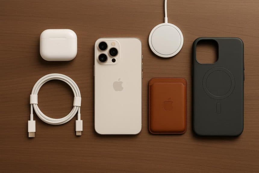 Assorted iPhone accessories and gift boxes displayed on a festive background for gift ideas