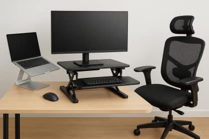 Ergonomic office setup featuring adjustable chair, standing desk, keyboard, monitor, and footrest