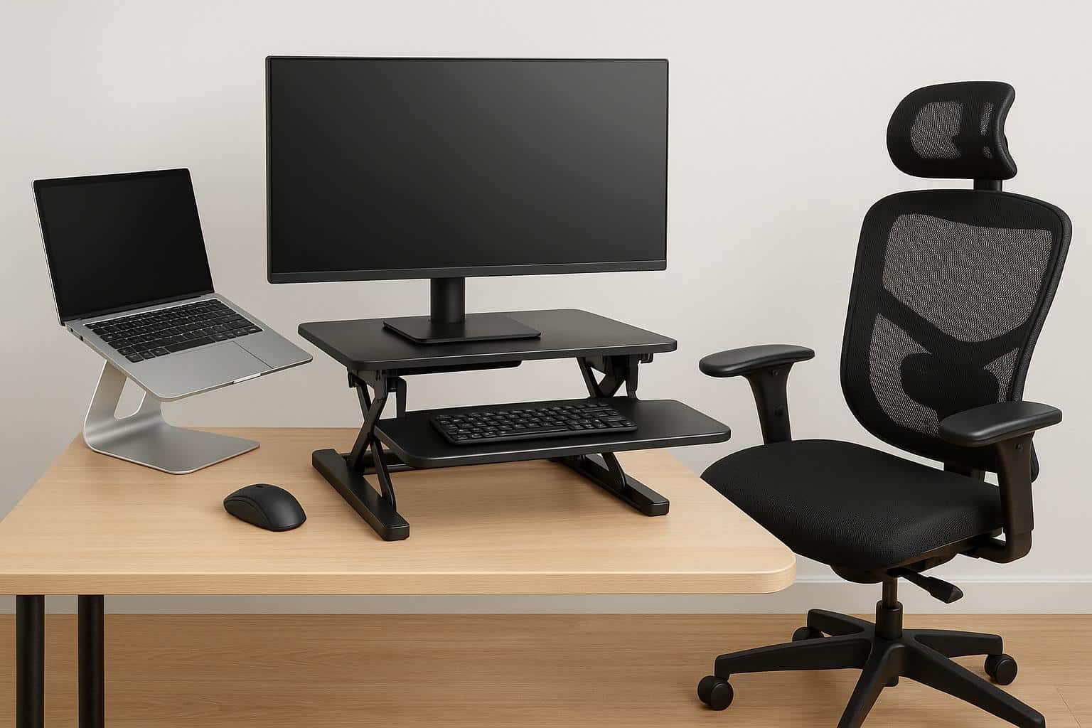 Ergonomic office setup featuring adjustable chair, standing desk, keyboard, monitor, and footrest