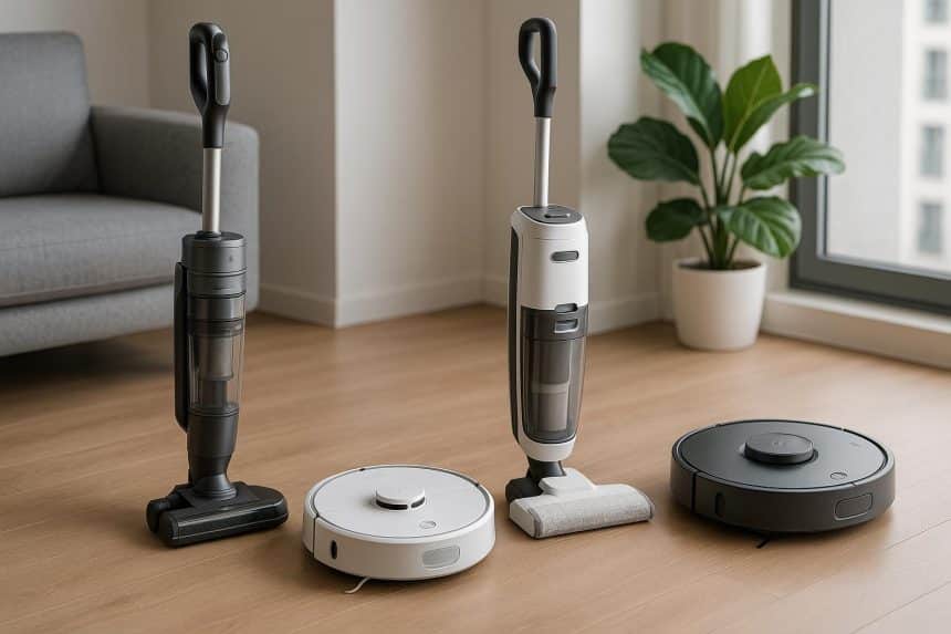 Smart cleaning gadgets for condos, including robot vacuums and air purifiers, on a modern table