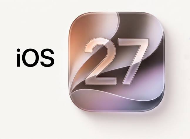 iOS 27 logo with a glossy Liquid Glass-style design.