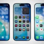 Three iPhones displaying different iOS 28 home screen designs.
