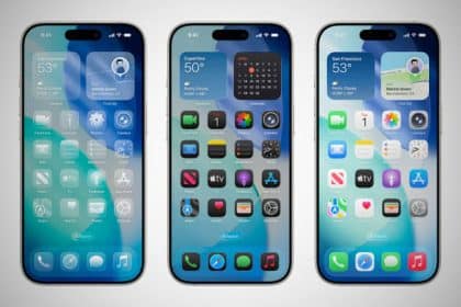 Three iPhones displaying different iOS 28 home screen designs.