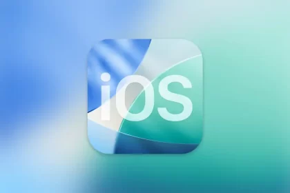 iOS logo with a blue and green abstract design.