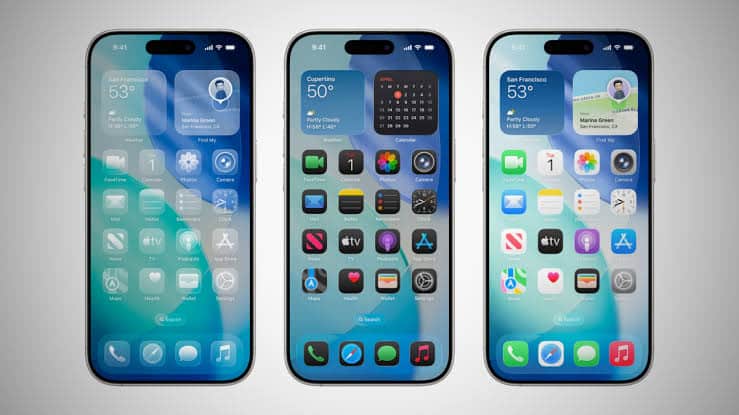 Three iPhones displaying different iOS 28 home screen designs.
