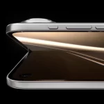 Foldable iPhone concept shown partially open against a black background.