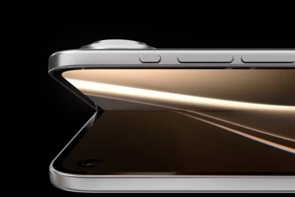 Foldable iPhone concept shown partially open against a black background.