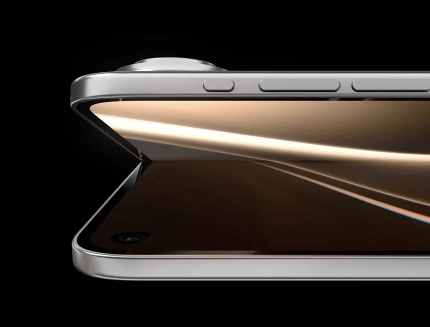 Foldable iPhone concept shown partially open against a black background.