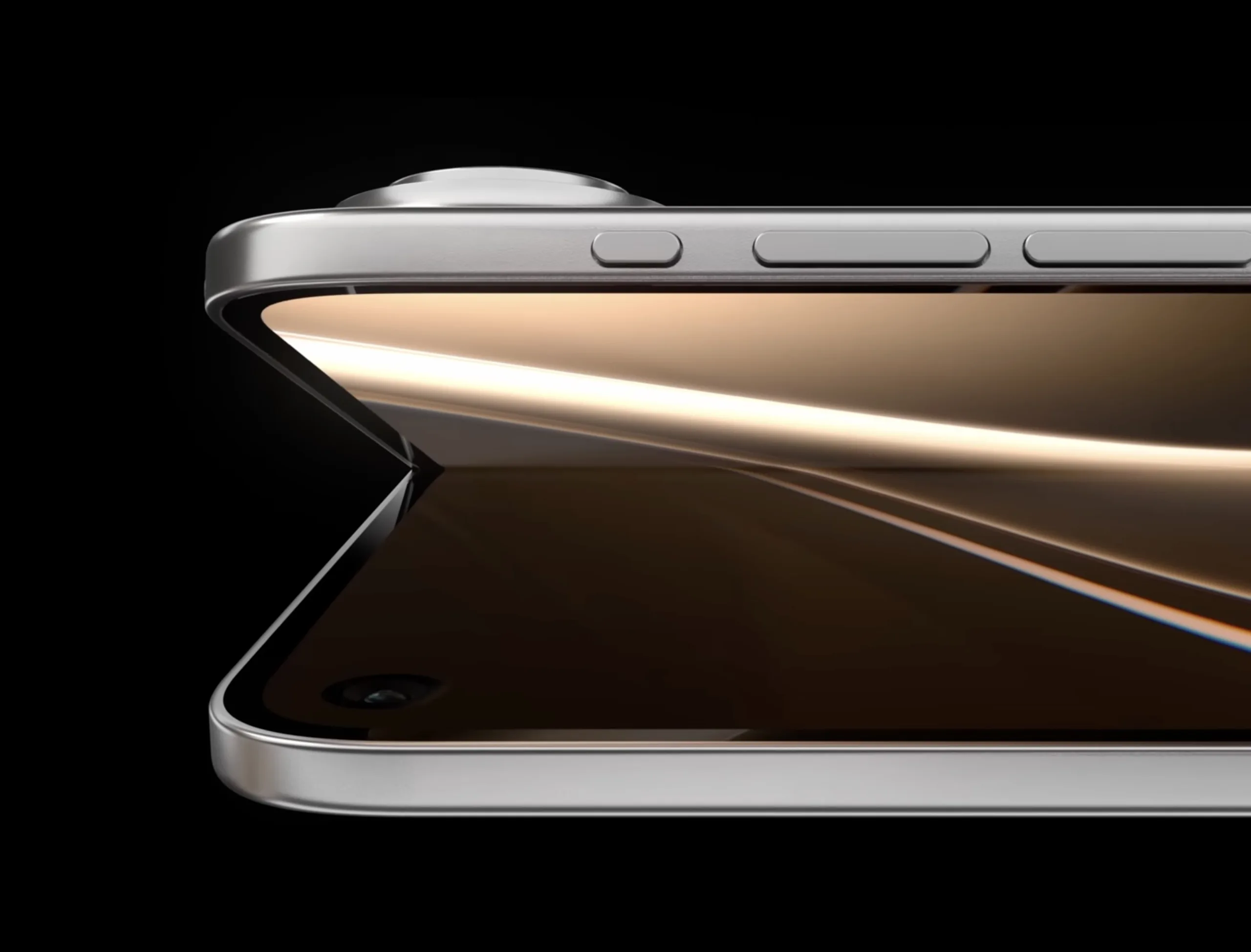 Foldable iPhone concept shown partially open against a black background.