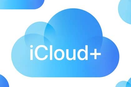 Apple iCloud+ logo on a blue cloud background.