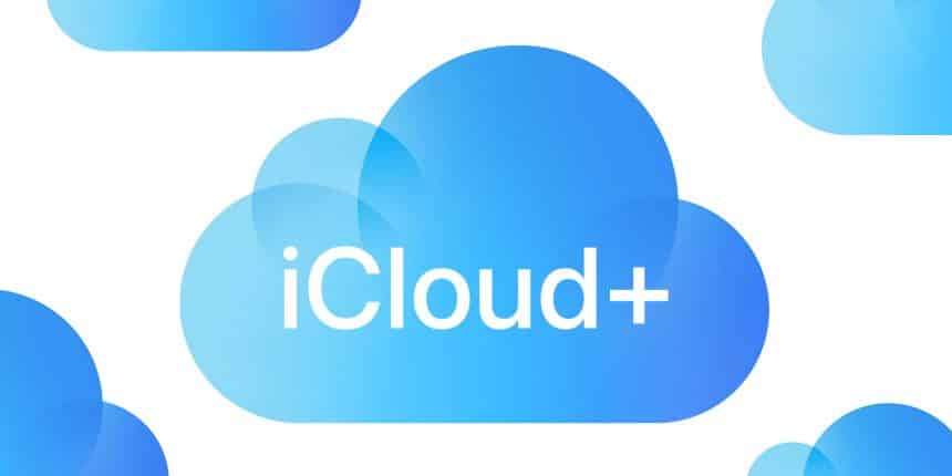 Apple iCloud+ logo on a blue cloud background.