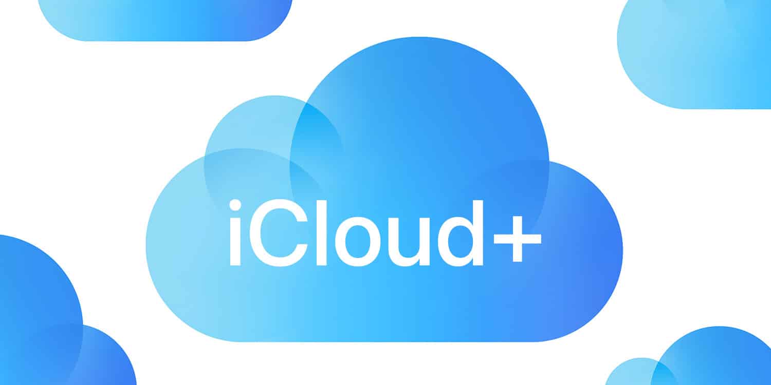 Apple iCloud+ logo on a blue cloud background.