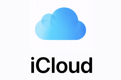Apple iCloud logo with a blue cloud icon on a white background.