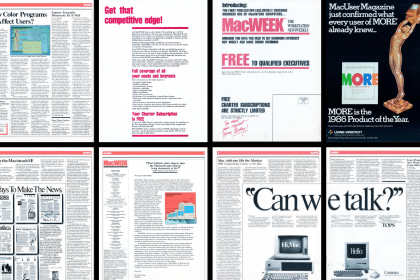 MacWeek magazine cover featuring early Apple workstation and PowerPoint news.