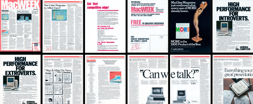 MacWeek magazine cover featuring early Apple workstation and PowerPoint news.