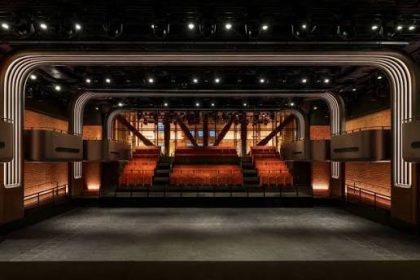 Interior of Apple Music Hall in London, featuring a stage and tiered seating.