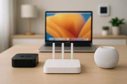 Modern living room with Apple TV, HomePod, MacBook, and smart home devices connected to Wi-Fi