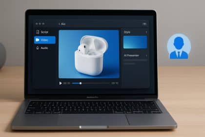 AI video generator interface on a Mac displaying product demo creation workflow and tools