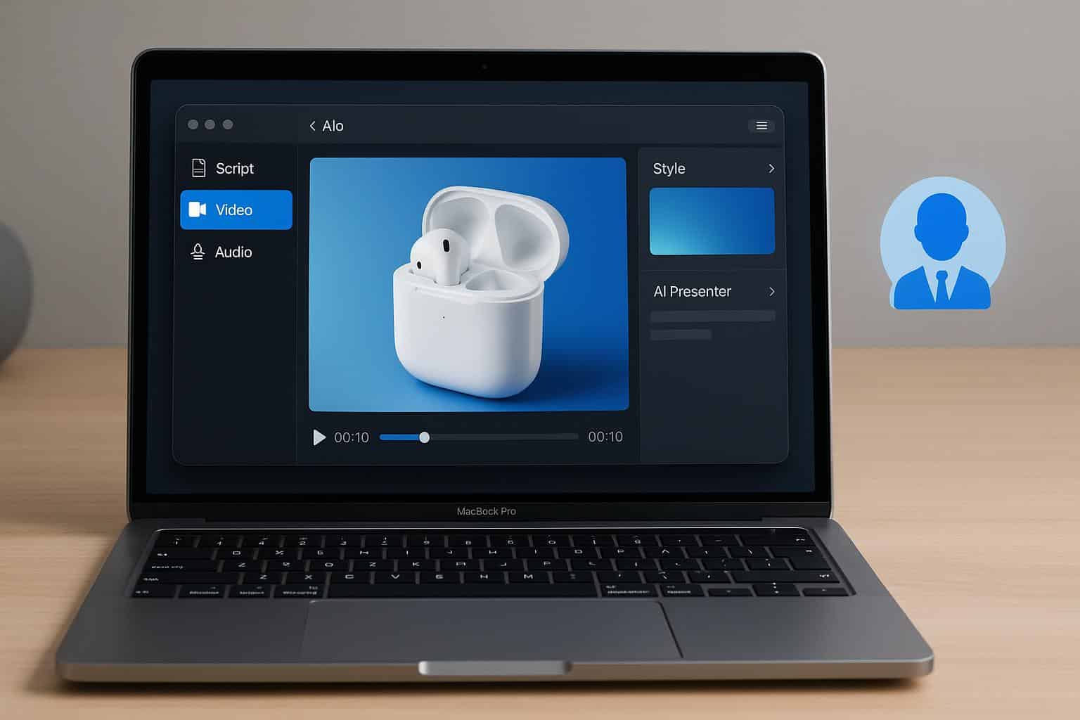 AI video generator interface on a Mac displaying product demo creation workflow and tools