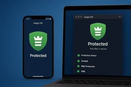 Intego ONE Mac Security software interface displayed on MacBook and iPhone devices