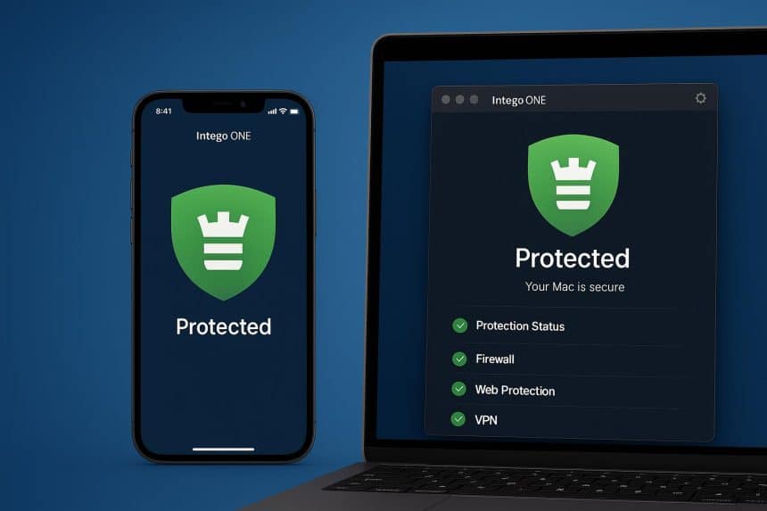 Intego ONE Mac Security software interface displayed on MacBook and iPhone devices