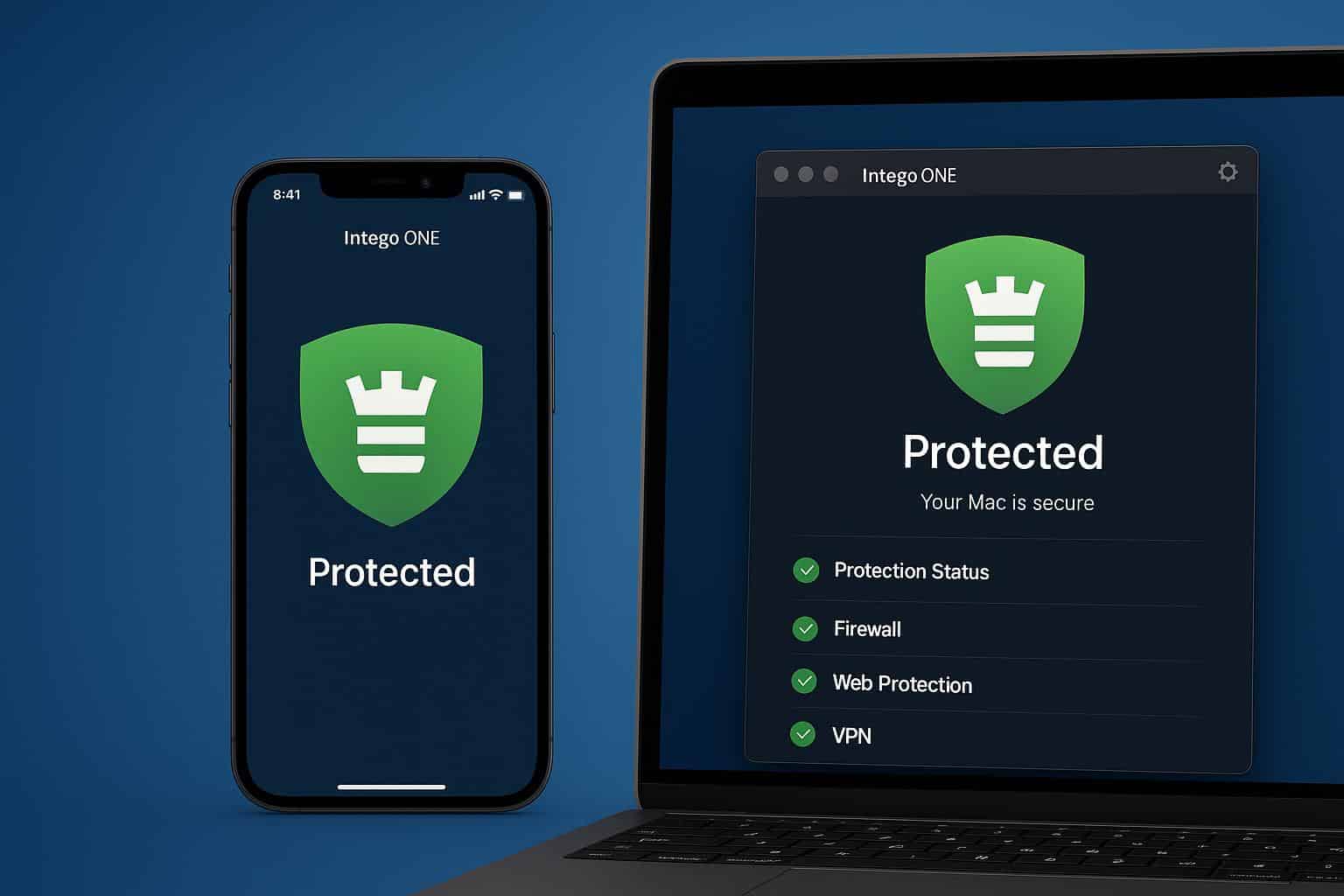 Intego ONE Mac Security software interface displayed on MacBook and iPhone devices