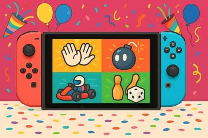 Nintendo Switch 2 console with popular party game characters celebrating together indoors