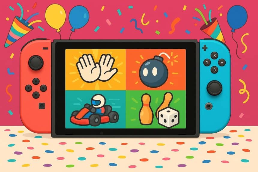 Nintendo Switch 2 console with popular party game characters celebrating together indoors
