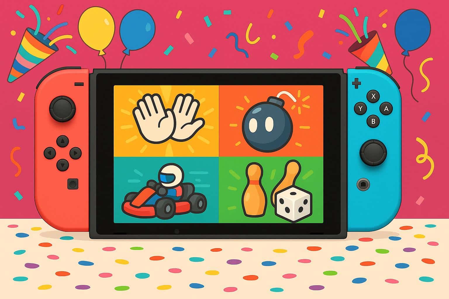 Nintendo Switch 2 console with popular party game characters celebrating together indoors