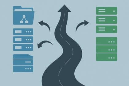 Server racks and network cables illustrating secure Active Directory migration process steps
