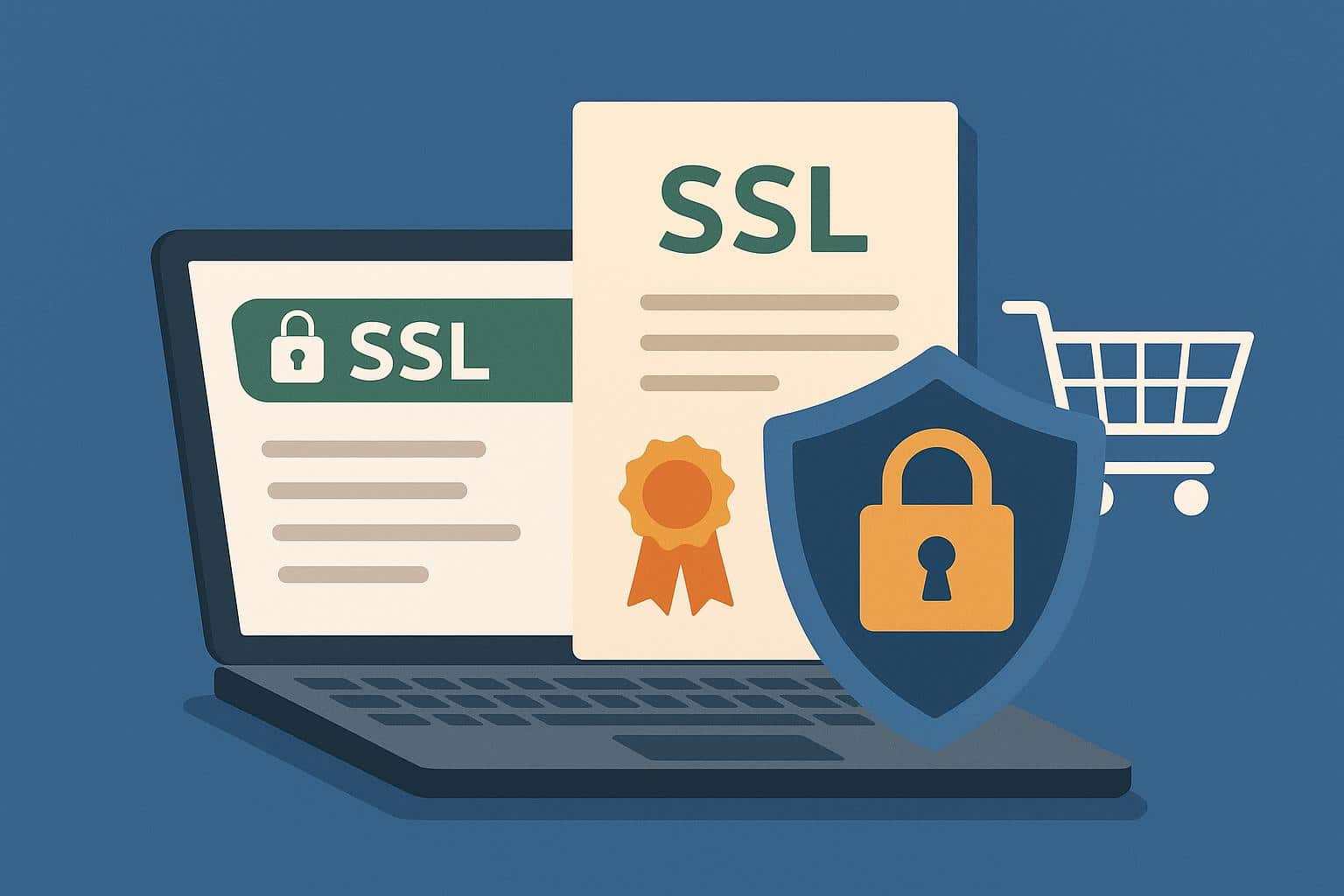 SSL certificate icon on website browser bar, illustrating secure online purchase guidance