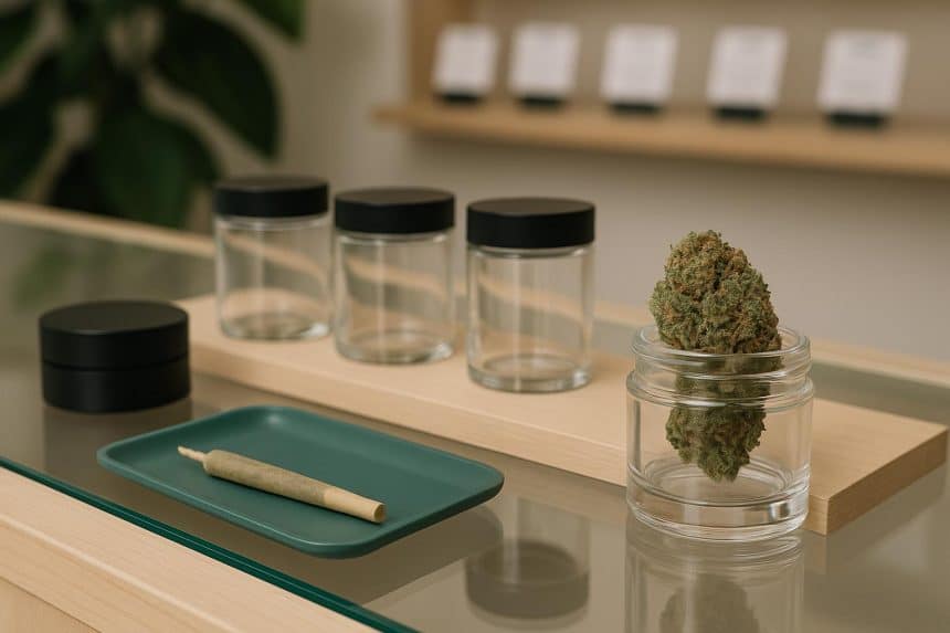 Chicago cannabis dispensary counter with products and staff illustrating proper shopping etiquette