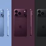 iPhone Pro concepts shown in blue, burgundy, and black.