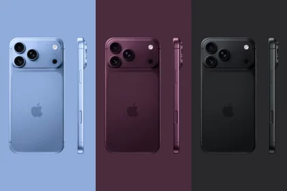 iPhone Pro concepts shown in blue, burgundy, and black.